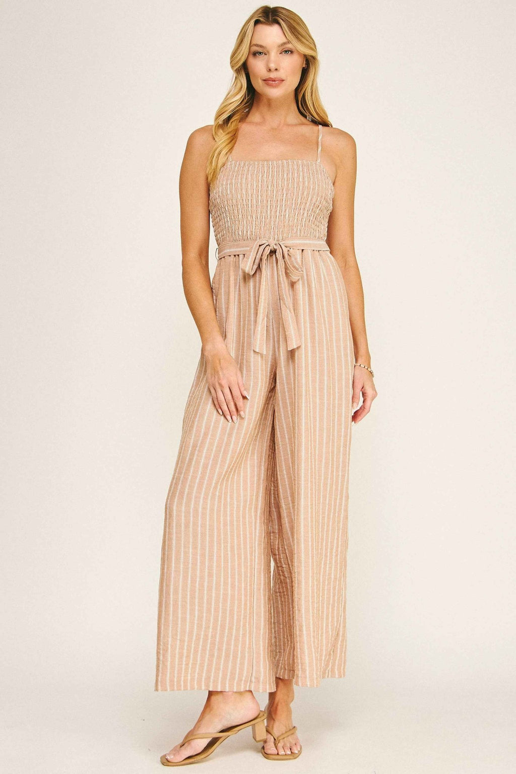 COASTAL STRIPE SMOCKED WIDE LEG JUMPSUIT - Fairway Faith Apparel Co
