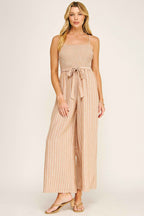 COASTAL STRIPE SMOCKED WIDE LEG JUMPSUIT - Fairway Faith Apparel Co