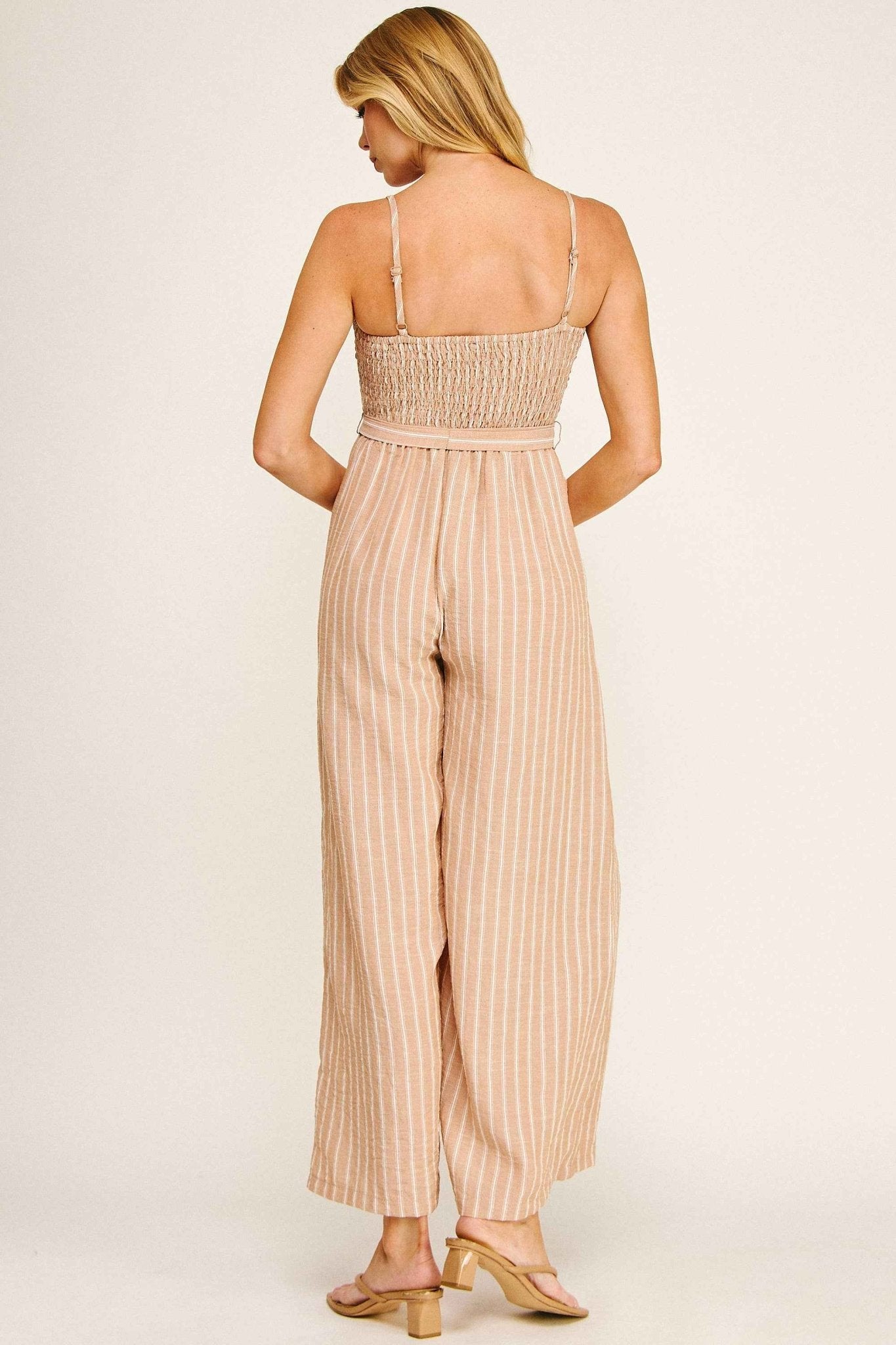 COASTAL STRIPE SMOCKED WIDE LEG JUMPSUIT - Fairway Faith Apparel Co