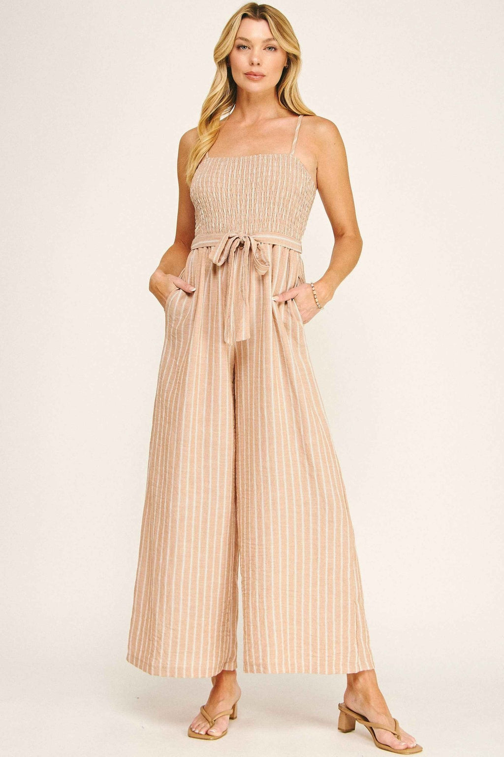 COASTAL STRIPE SMOCKED WIDE LEG JUMPSUIT - Fairway Faith Apparel Co