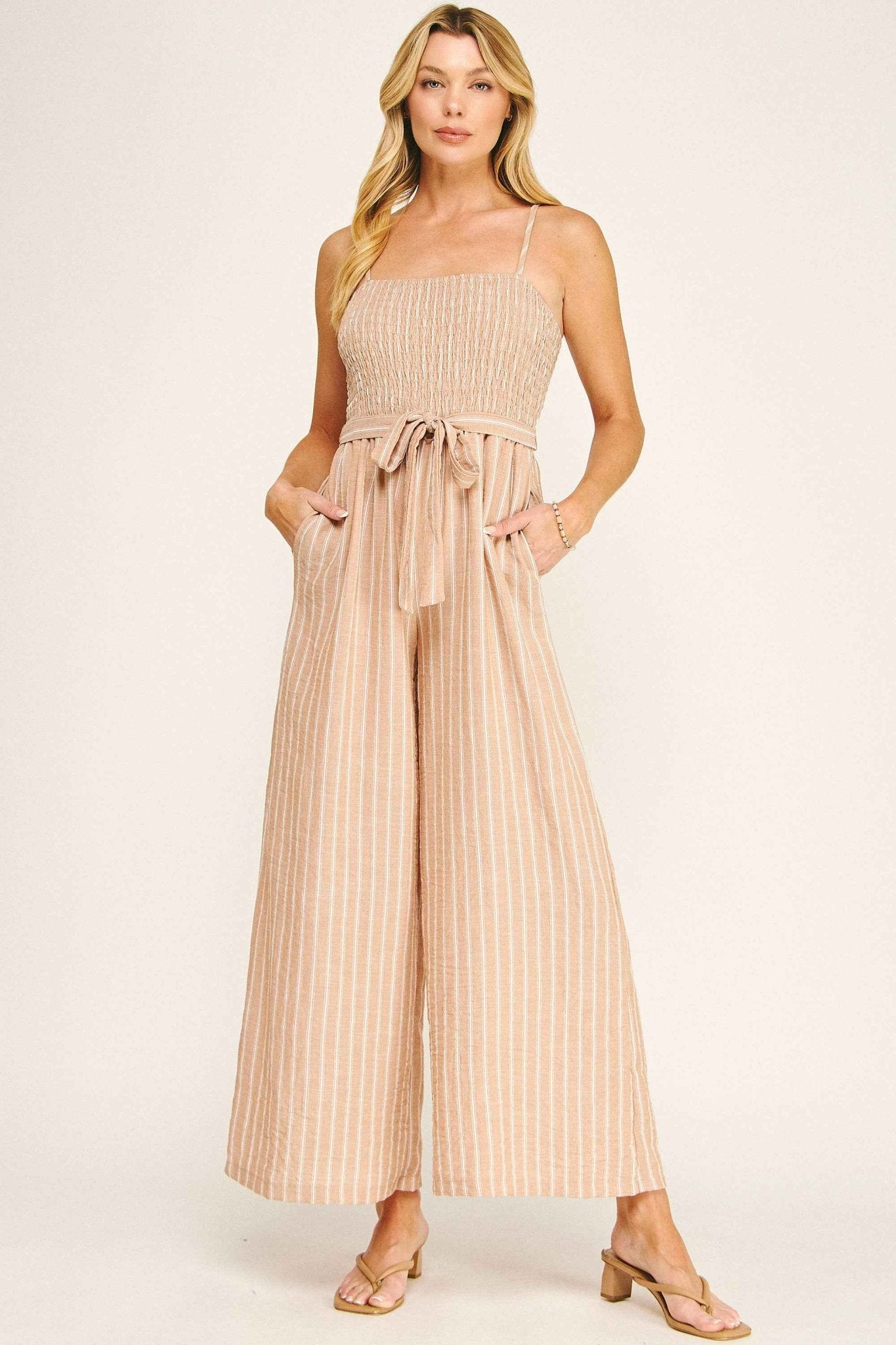 COASTAL STRIPE SMOCKED WIDE LEG JUMPSUIT - Fairway Faith Apparel Co