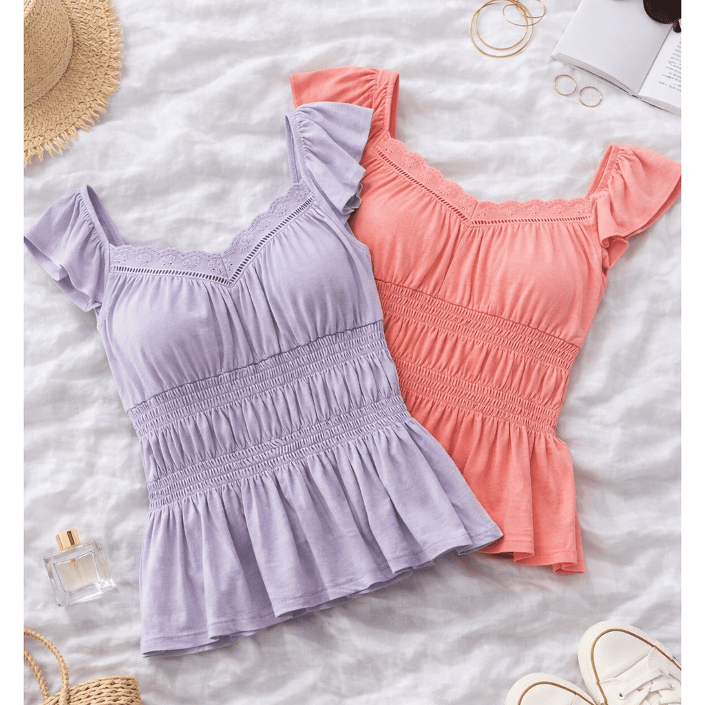 SMOCKED CAP SLEEVE PEPLUM TOP - Fairway Faith Apparel Co