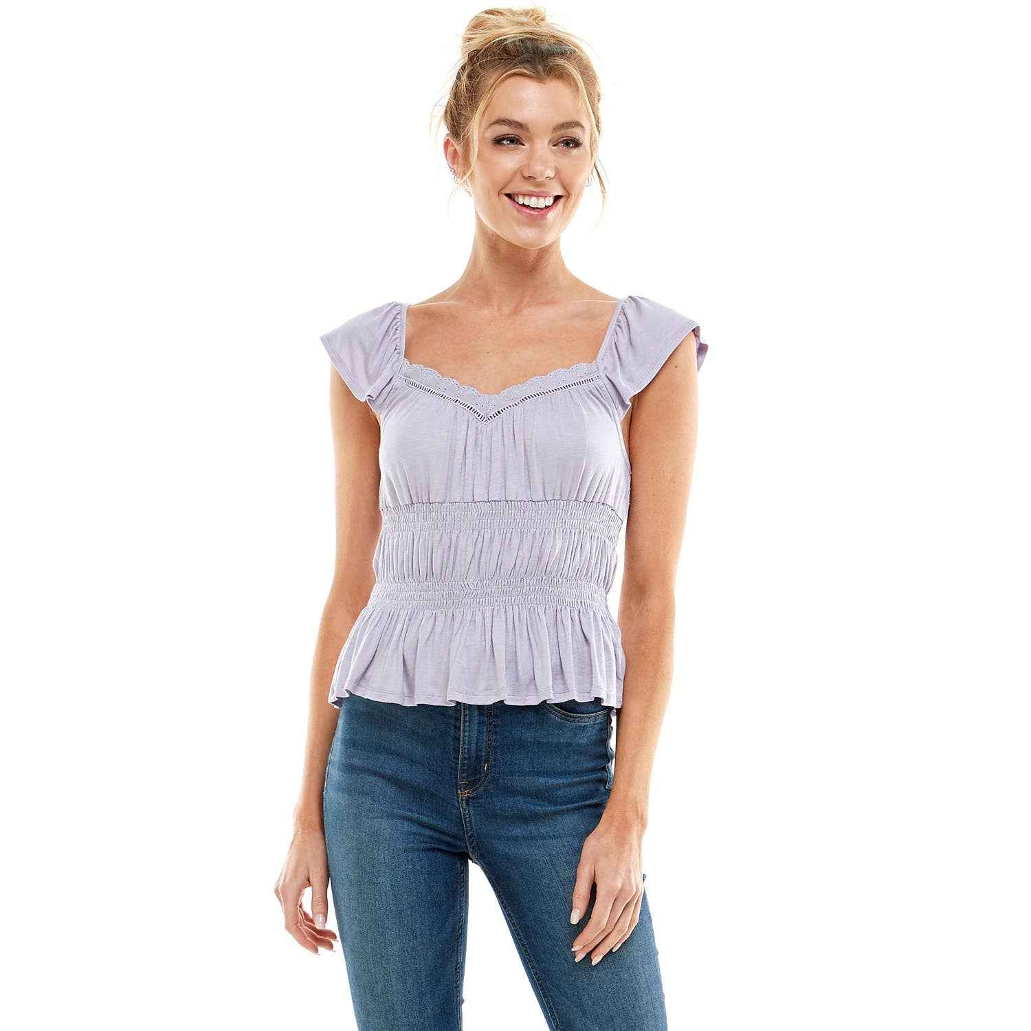 SMOCKED CAP SLEEVE PEPLUM TOP - Fairway Faith Apparel Co