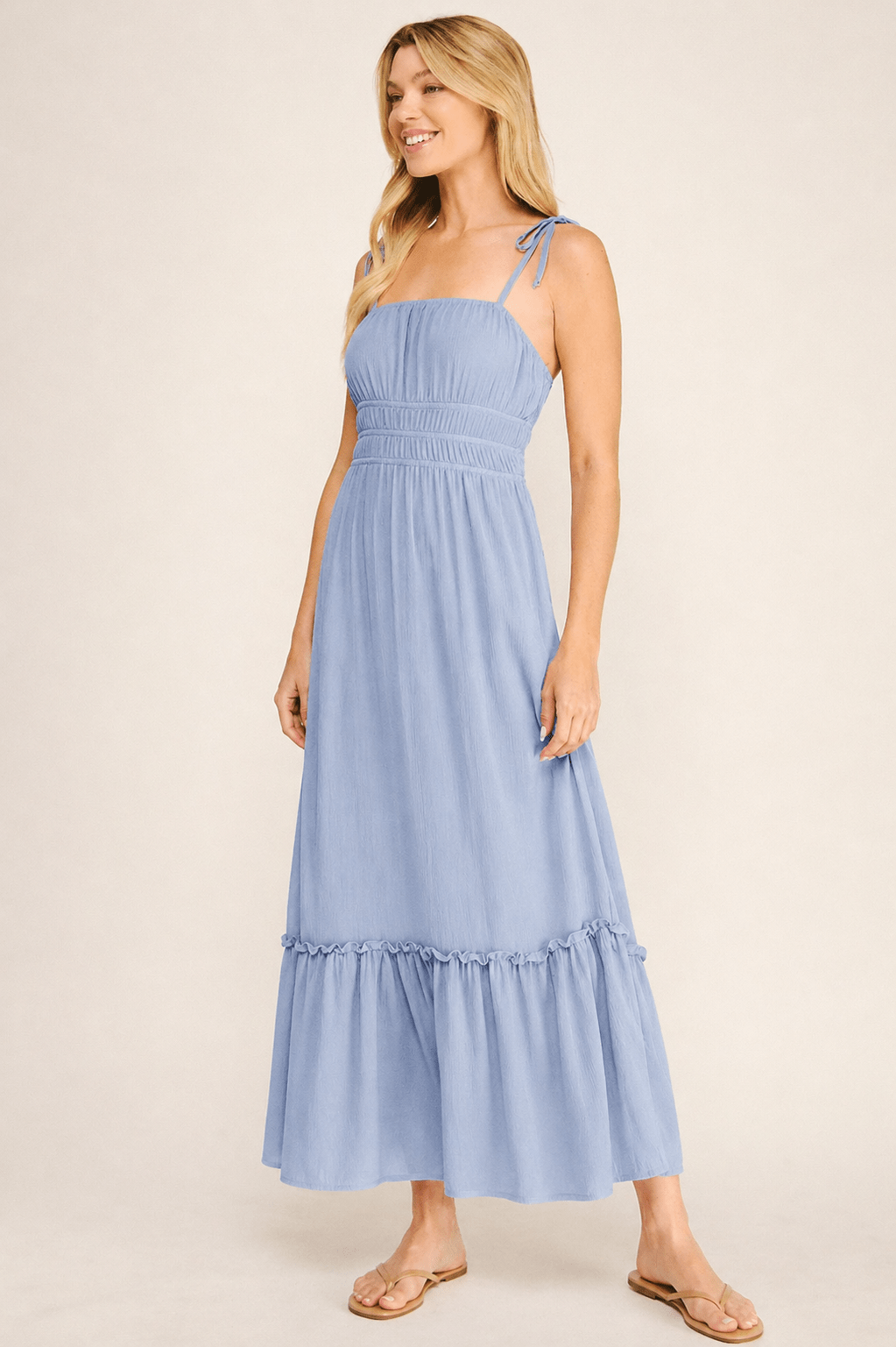 SOLID RAYON CREPON SMOCKED WAIST TIERED MIDAXI DRESS - Fairway Faith Apparel Co