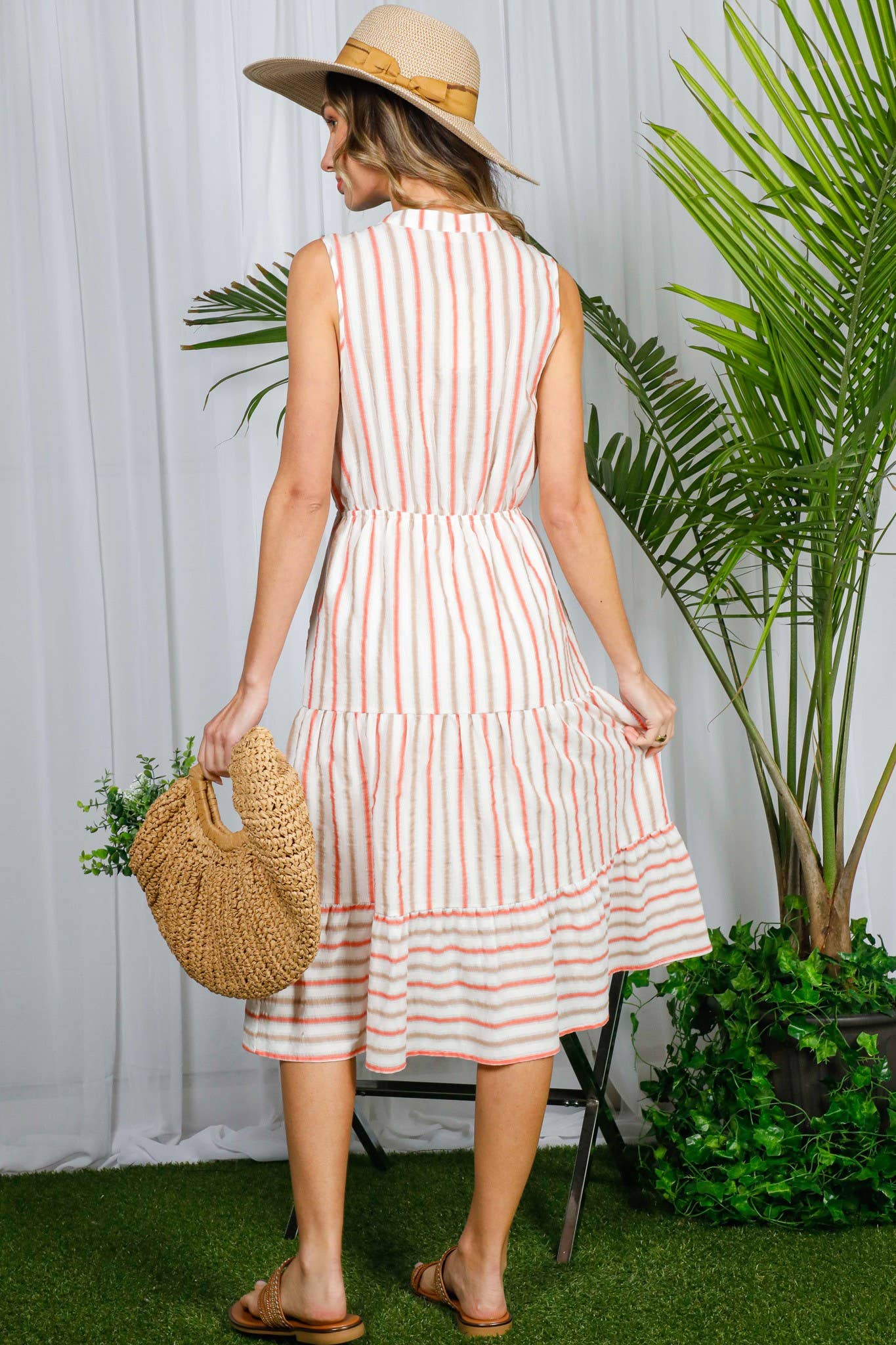 Striped Button Front 100%Cotton Tired Midi Dress VD82462 - Fairway Faith Apparel Co